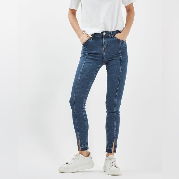 Topshop Jamie Skinny Jeans High Rise Ankle Crop Split Raw Hem Front Seam Blue 26 - Picture 2 of 16